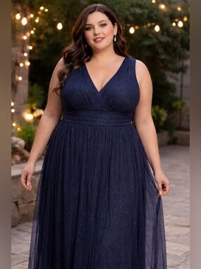 Plus-Size Navy Sparkle V-Neck Maxi Dress